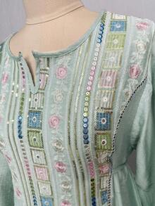 女款亮片刺繡V領長袖A字洋裝,優雅時尚派對婚禮賓客禮服,女款伊斯蘭服飾 - 薄荷綠 - 查看 6