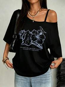 Women One-Shoulder Short-Sleeve T-Shirt, Whale Shark, Marine Life Print Fashion Top, Slanted One-Shoulder Strap, 2026 Rock Concert Outfit - 藍色 - 查看 1