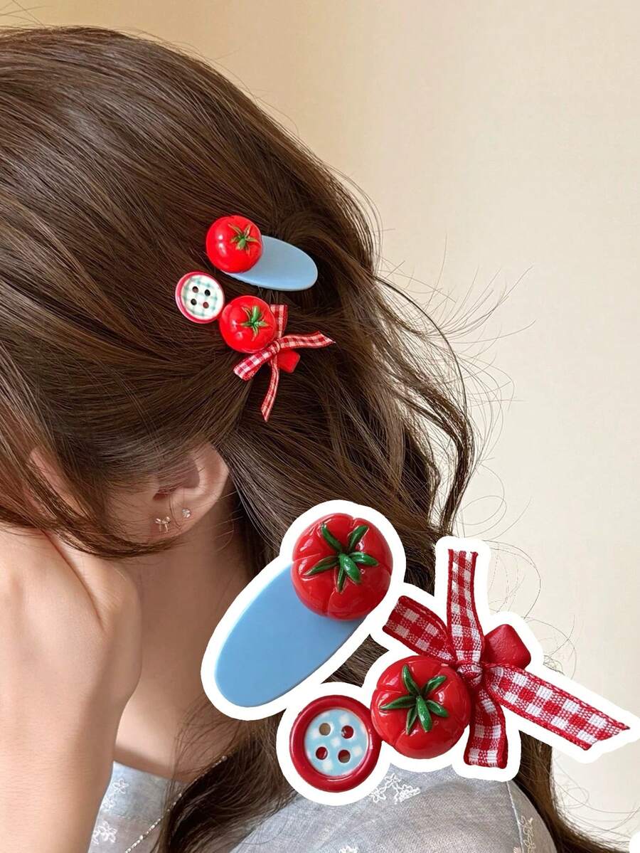 2pcs Button Tomato Plaid Bow Hair Clips, Sweet Girl Side Bangs Clip, Cute Versatile Alligator Hair Clips,Claw Clips - Multicolor - View 1