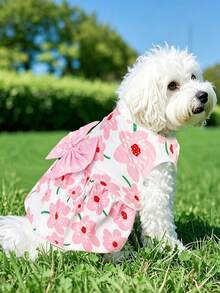 1pc Pink Cherry Blossom Print Dog Dress, Large Bow Decor Sleeveless Pet Dress, Soft Breathable Puppy Princess Outfit, Summer Cute Small And Medium Dog Clothes, Suitable For Bichon Poodle Daily Wear - Pink - View 4