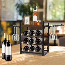 Flaschenregal, Weinregal Mit Aufhängehaken 9 Flaschen Wein Getränkeregal Gesamttragfähigkeit Etwa 22.68kg Für Weinkeller - Schwarz+Braun - Übersicht 6