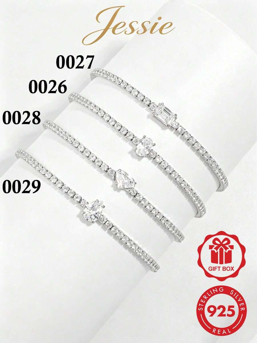 1件奢華閃耀優雅精緻時尚925純銀立方氧化鋯幾何方形&水滴設計手鍊,適合女性約會、派對、宴會、日常配戴,展現魅力,送禮首選 - 銀色 - 查看 1