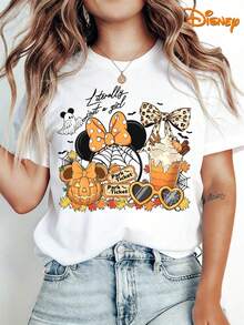 Women'S Disney Halloween Mickey Mouse Head Literally Just A Pumpkin Theme Print Elegant Short-Sleeved Casual Round Neck T-Shirt Retro Style 2026 Spring, Summer And Autumn Daily And Holiday Wear Soft - 白色 - 查看 1