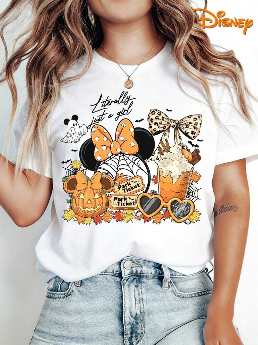 Women'S Disney Halloween Mickey Mouse Head Literally Just A Pumpkin Theme Print Elegant Short-Sleeved Casual Round Neck T-Shirt Retro Style 2026 Spring, Summer And Autumn Daily And Holiday Wear Soft - 白色 - 查看 1