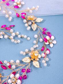 1件手工花卉編織藤蔓髮箍，森系長髮飾，適合新娘婚禮 - 玫紅色 - 查看 5
