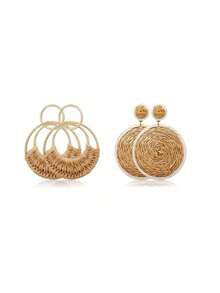 Xiacheng 2/3/6 Pairs Women's Woven Rattan Raffia Earrings Set, Bohemian Style Summer Beach Vacation Party Jewelry, Lightweight Pendant Suitable For Daily Wear - Multicolor - View 15