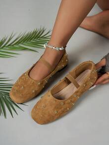 Giày bệt mũi vuông đính đinh tán tròn phong cách vintage, thoải mái và dễ phối đồ, phù hợp đi làm hàng ngày và đi du lịch - Màu nâu  Mocha - Xem 2