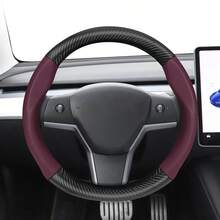 Hocasen 碳纤维纹理皮革和透气PU皮革方向盘套,适用于特斯拉Model S/Model 3/Model Y/Model X/Model Y L及其他车型,颜色可选:黑色、酒红色、摩卡色、橙色 - Perforated Steering Wheel Cover - 查看 18