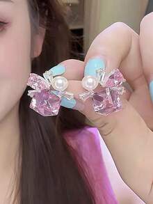 1 Pair French Elegant Unique High-End Sweet Exquisite Faux Pearl Design Glass Inlaid Fashion Stud Earrings Suitable For Women's Daily Commute, Date, Party, Gathering, Holiday Wear - Pink - View 2