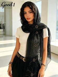 1pc High-End Starry Embroidered Shawl, Middle Eastern Muslim Headscarf, Wedding & Formal Event Accessory - Black - View 3