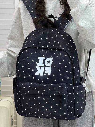 1pc Nylon Printed Large Capacity Backpack, Star & Letter Pattern, Casual Commuter Versatile Women's Functional Backpack, Suitable For Students, School, Back To School, Shopping, Daily Use