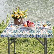 1 pieza Mantel elástico para exteriores con patrón floral vibrante - Cubierta de mesa rectangular de poliéster duradero, adecuada para camping, picnic, fiesta de jardín - Uso interior/exterior, fácil de limpiar y resistente a la intemperie, accesorio de picnic, tela a prueba de viento - A - Ver 10
