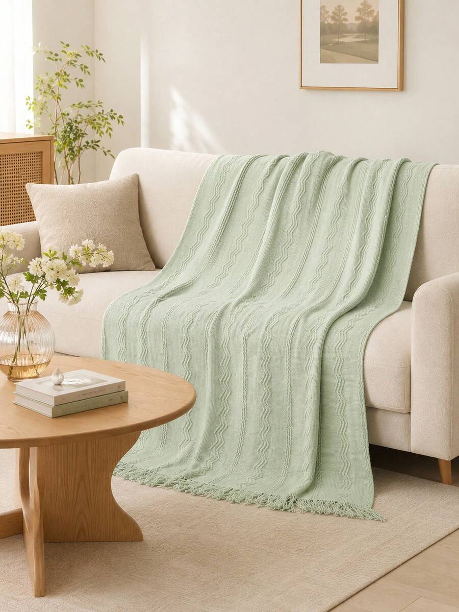 Manta de punto acogedora con detalle de volantes para todas las estaciones, multiusos y cómoda para camping, sofá, tomar el sol y siestas, manta de punto con ribete de volantes, manta de camping - Rayas verticales tres curvas verde menta - Ver 1