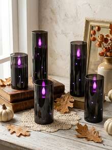5pcs Flameless Candle Lights With Timer Remote Control, Battery Operated Embedded Flickering String Lights, Suitable For Halloween, Christmas, Valentine's Day, Mother's Day, Birthday, Gift, Proposal, Wedding, Party, Holiday - Black-purple Light - View 5