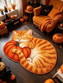 1 pieza Alfombra decorativa con gato naranja lindo sosteniendo calabaza, tema de Halloween, decoración de dormitorio, alfombra pequeña, alfombra, decoración del hogar, alfombra de sala de estar, alfombra pequeña de sala de estar, alfombra de dormitorio, decoración del hogar de sala de estar, alfombra para exteriores, alfombra lavable - Multicolor - Ver 3