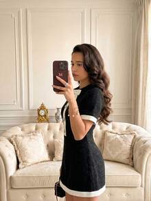 Elegant French Retro Party Holiday Wedding Formal Date Short Sleeve Round Neck Cropped Dress Black Summer - Black - View 4