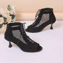 Bottines à talons hauts pour femmes, mode, ajourées, à lacets, patchwork en maille noire, bout ouvert - Bottines sexy à talons aiguilles ajourées et à lacets, talons hauts respirants pour l'été, pour la danse jazz et les fêtes - Noir - Voir 7