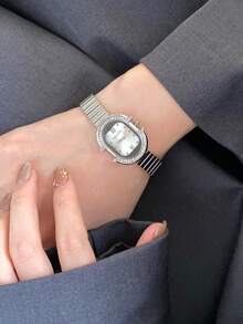 1件金色錶帶休閒竹紋時尚女款石英手錶，金色適合日常配戴，復古情侶款，最佳禮物 - 銀色 - 查看 5