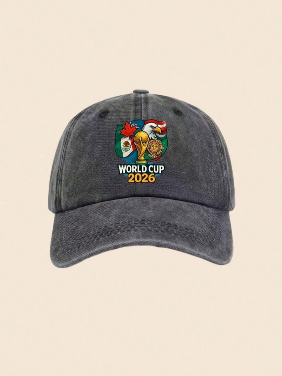 1pc 2026 World Cup US-Canada-Mexico Cartoon Washed Print Baseball Cap For Women, Baseball Cap For Outdoor Sun Protection For Men