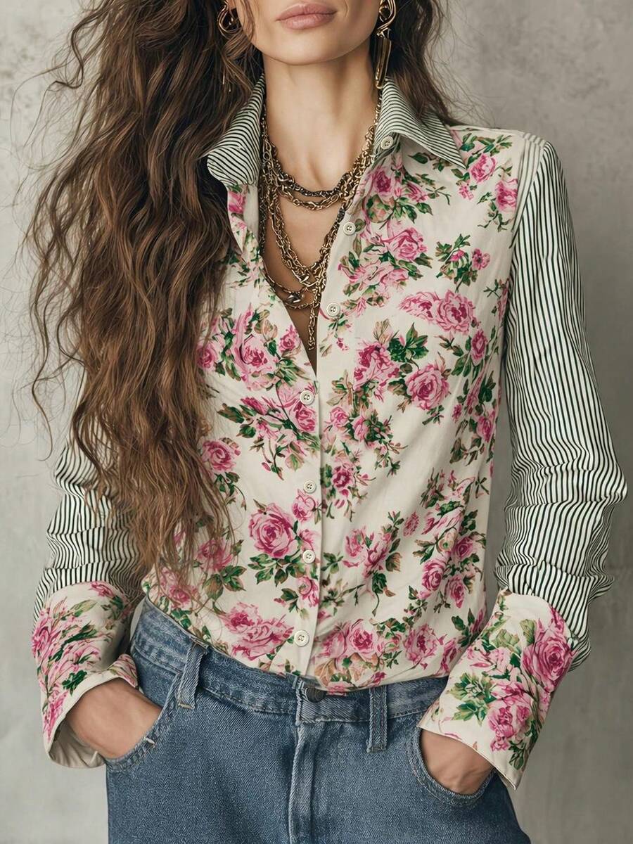 女款花卉印花襯衫領長袖上衣，條紋拼接設計，適合日常、通勤與度假穿著