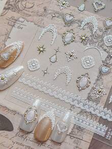 Autocollants pour ongles d'été avec motif de dentelle vintage baroque en relief, décoration d'ongles minimaliste avec cœur français et gemme - Multicolore - Voir 3