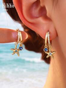 Hihho 1 Pair Ocean Vacation Style Charming Fashion Starfish Earrings, Royal Blue Zirconia Embellished, Versatile Women's Jewelry Ear Accessories Suitable For Daily, Party, Outing, Holiday Decoration Gift - Starfish - View 4