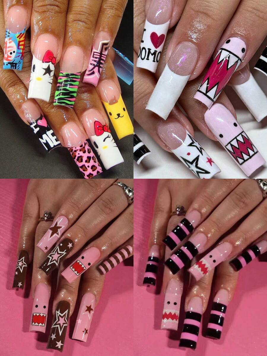 Sanrio Hello Kitty 96pcs(4mixed) Long Square Cute 3d Leopard Print French Press On Nails With Hello Kitty,PomPomPurin,DOMO,Star And Heart Design,Perfect Fit Acrylic False Nails Set,Sanrio Nails For Girls Daily Life, Party And Gathering Use. - Multicolor - View 1