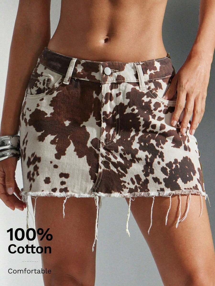 Minifalda de mezclilla con estampado de vaca y bajo asimétrico, falda con borde deshilachado, estilo western, música country, vaquera, para vacaciones de verano en Nashville, de moda - Multicolor 2 - Ver 1