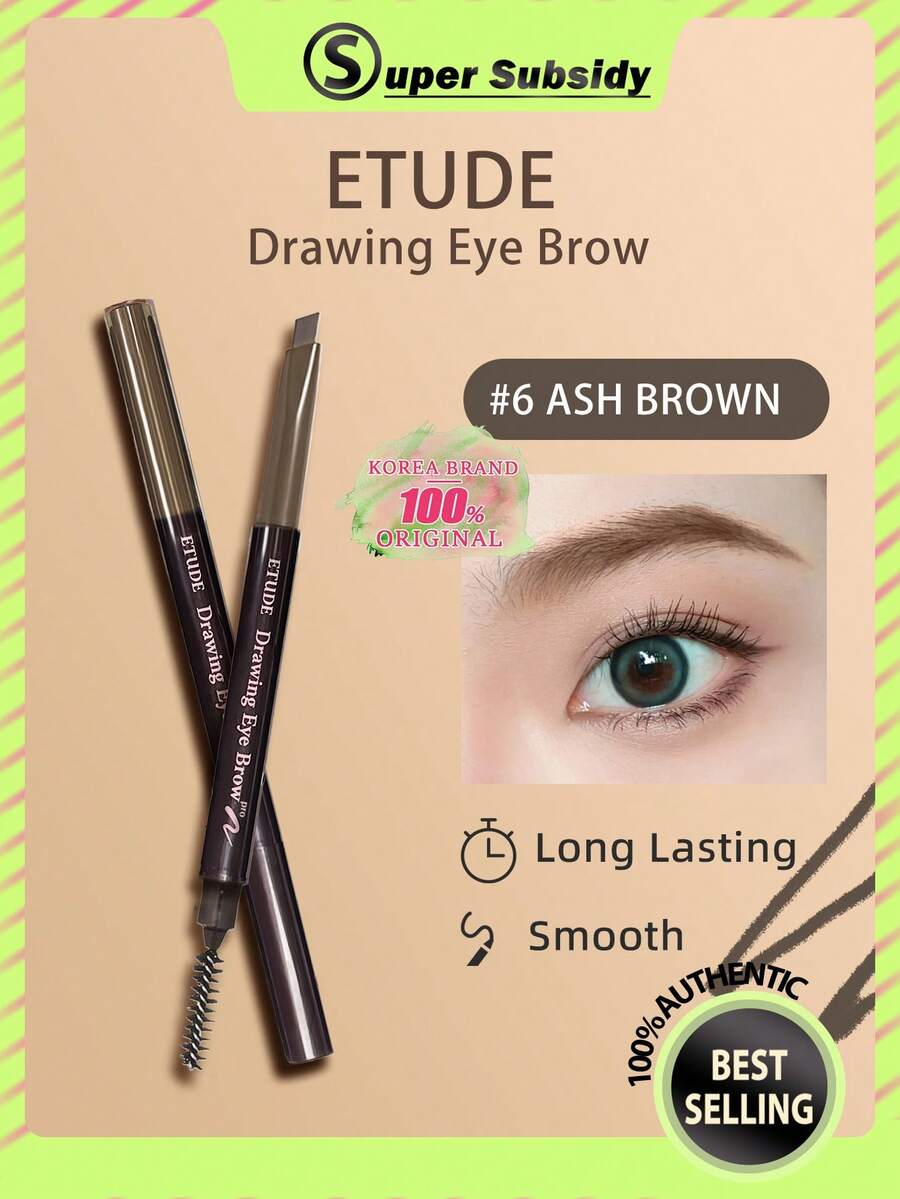 ETUDE 自然日常妝感眉筆 #6 灰棕色，持久柔滑質地，易暈染不褪色，細刷頭，輕盈防暈染，高顯色，適合初學者日常使用，K-Beauty 韓系彩妝，禮品 0.25g/0.01oz
