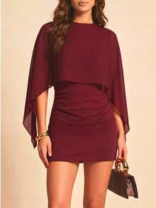 2-In-1 Solid Color Mini Dress With Batwing Sleeves And Splicing, Lightweight, For Date Nights, Vacations, Birthday Parties And Everyday Wear - Redwood - View 9