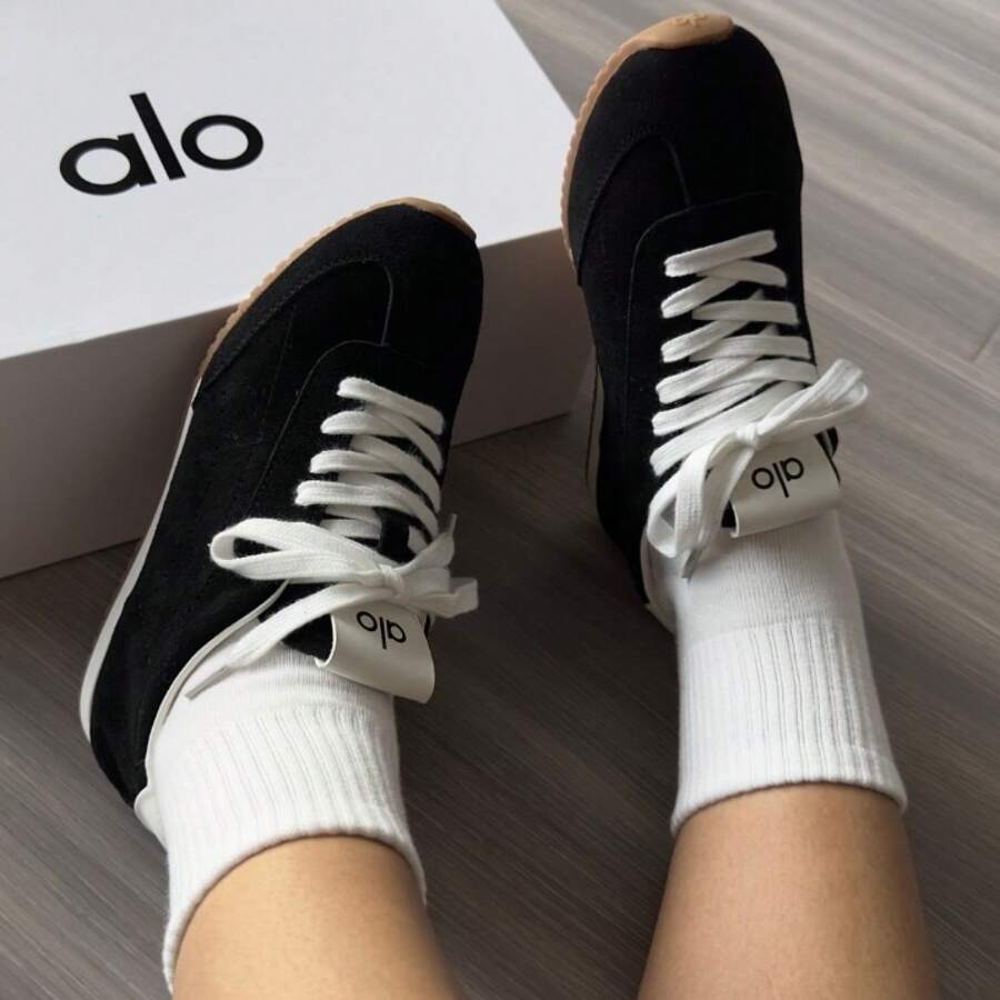 Alo Women's Retro German Trainer Sneakers Genuine Leather Suede Casual Shoes, Lightweight Lace-Up Gum Sole Walking Sneakers - Black - View 1