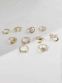 Set de 10 piezas de anillos de estilo bohemio para vacaciones, de metal ajustable y apilable, con estrella de mar, resina, perla falsa, diseño retorcido y geométrico, adecuado para niñas, regalo para ambiente de salida a la playa - 32715-anillo-G - Ver 7