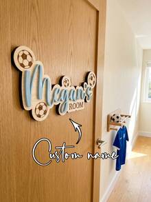 Customized Football Theme Wooden Name Plate Wall Decor, 3D Double-Layered Overlap Design, 30cm/40cm/50cm Sizes, Personalized Name Sign Birthday Gift - Black - View 3