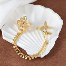 1pc Elegant Gold Butterfly & Swan Design Double Finger Ring With Tassel Coin Chain, Women's Daily Wear Ring, Also Suitable As Valentine's Day Gift - Gold - View 4