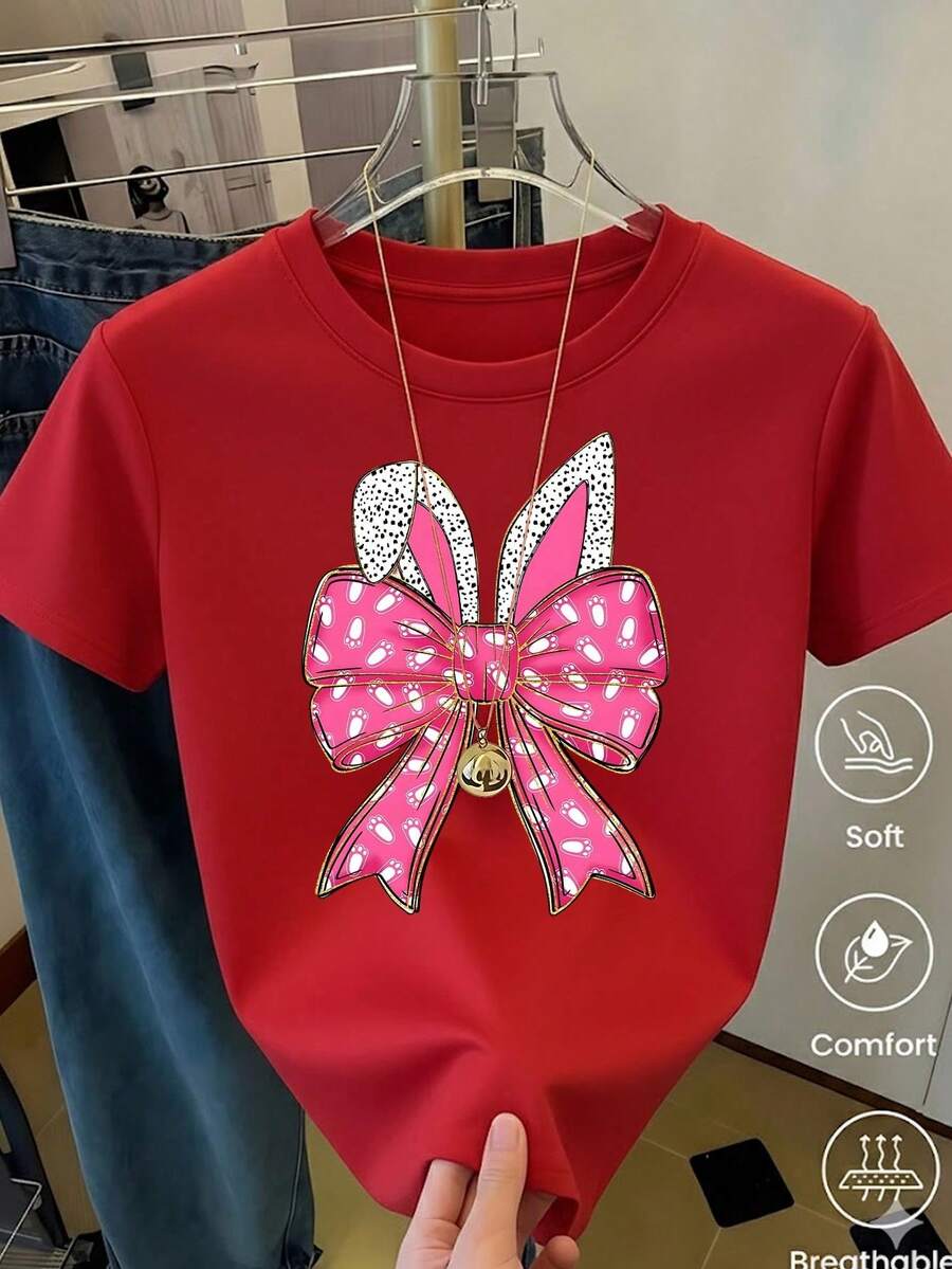 Women's White T-Shirt With Rabbit Ears And Paws In Leopard Print, Fashionable Animal Print T-Shirt, Casual Summer Blouse With Cute Bunny Design, Aesthetic And Fun Top - 藍白色 - 查看 1