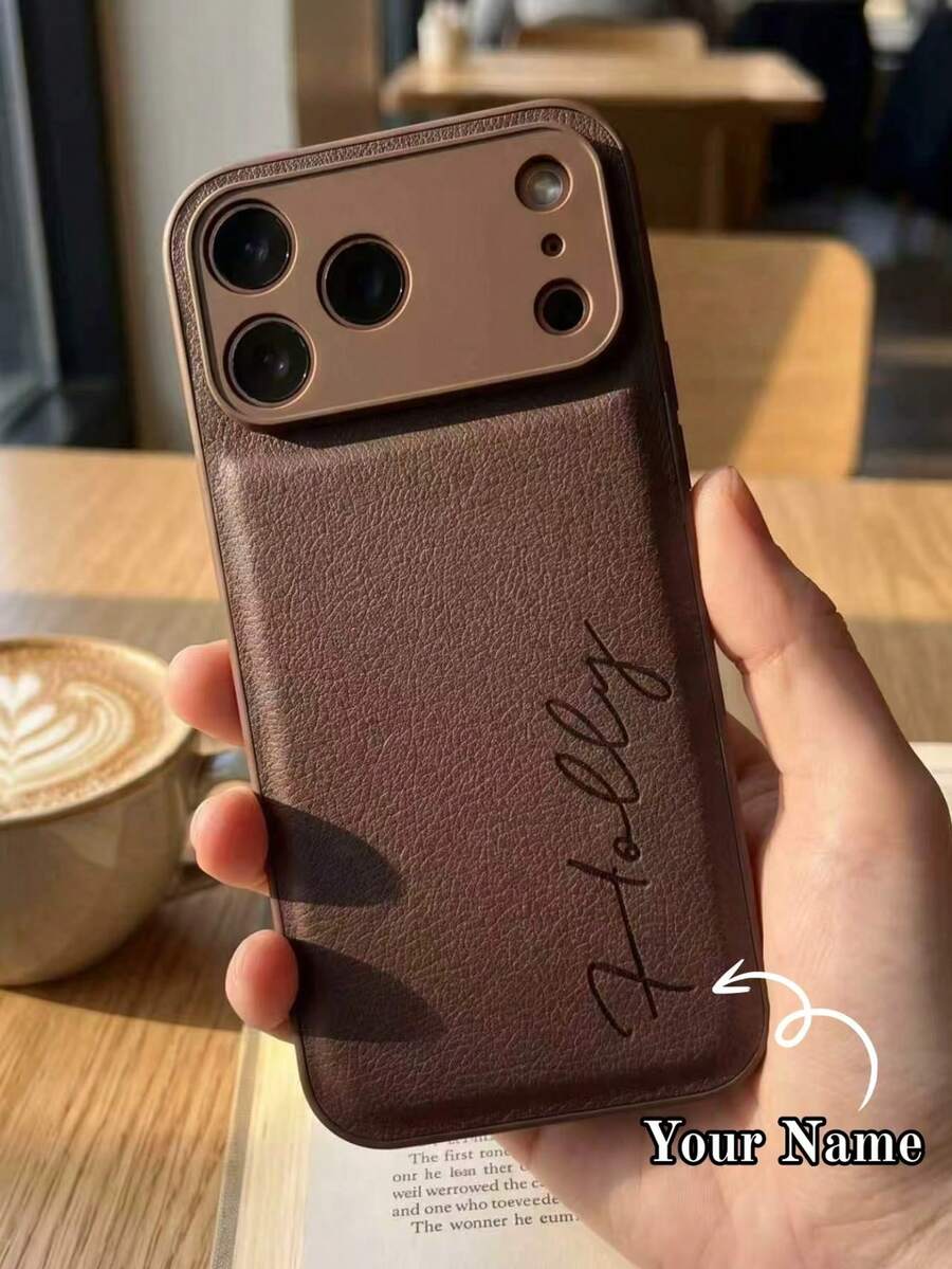 個性化客製化字母姓名手機殼，適用於 iPhone 17 16 15 14 13 Pro Max Plus Air，3D 雕刻壓紋奢華荔枝紋 PU 皮革保護殼，理想禮物