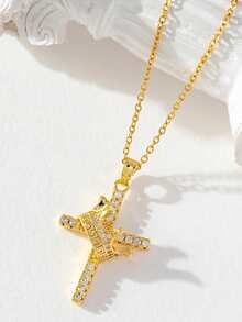 1pc Women's Pendant Necklace, Copper Inlaid Zirconia Crown Cross Pendant Necklace, Daily Versatile Layering Accessory - Yellow Gold - View 4