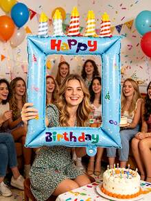 1pc Happy Birthday Inflatable Photo Frame Balloon, Blue Candle Pattern Selfie Frame Foil Balloon, Birthday Party Photo Booth Prop Decoration, Suitable For Birthday Party Decoration, Theme Party Setup, Birthday Photo Prop - Blue Cake Photo Frame - View 6