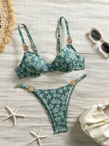 Bikinx Women's Floral Textured Fabric Bikini Set, Spaghetti Strap Underwire Lace-Up Backless Bikini Set, Gold Floral Decoration Summer - Dark Green - View 4