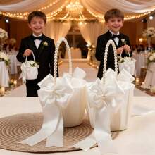 1/2 Wedding Flower Girl Basket, With Cute Pearl Handle And Bow Satin Flower Basket, Suitable For Wedding Ceremony - Large Flower Basket - View 6