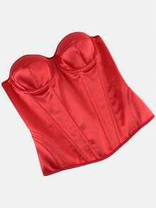 Bonmuse Satin Bandeau Corset With Built-In Cups, Back Lace-Up, Boning Shaping, Vintage Hot Girl Style, Suitable For Daily / Party / Date Wear - Red - View 9