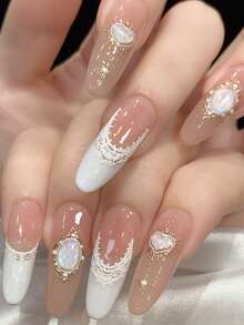 Autocollants pour ongles d'été avec motif de dentelle vintage baroque en relief, décoration d'ongles minimaliste avec cœur français et gemme - Multicolore - Voir 11