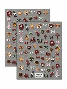 Vintage Baroque Embossed Nail Art Stickers, One Style With White Rabbit, Clock, Rose, Heart, Bow, Sun Designs, Another Style With Angel, Cat, Rose, Swan, Heart, Bowknot Designs, Suitable For French Court, Dark Fairy Tale, Lolita, Halloween, Vintage Wedding Nail Styles, Self-Adhesive Ergonomic Fit Resistant To Peeling, Best Choice For Women And Girls DIY Nail Decoration, Professional Nail Salon Craft Accessories - Multicolor - View 15
