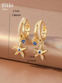 Hihho 1 Pair Ocean Vacation Style Charming Fashion Starfish Earrings, Royal Blue Zirconia Embellished, Versatile Women's Jewelry Ear Accessories Suitable For Daily, Party, Outing, Holiday Decoration Gift - Starfish - View 6