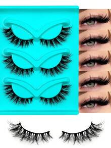 3/6 Pairs Natural Lashes Fox Eye Lashes 3D False Eyelashes Soft&Fluffy Faux Mink Lashes Portable Strip Lashes,Suitable For Beginners To Use Eyelashes,Reusable Eyelashes Daily Wear Makeup - 黑色 - 查看 2