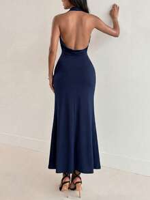 Elegant Asymmetric Halter Backless A-Line Maxi Dress, Suitable For Wedding Guests, Dates, Vacations, Parties, Summer Events - Royal Blue - View 2