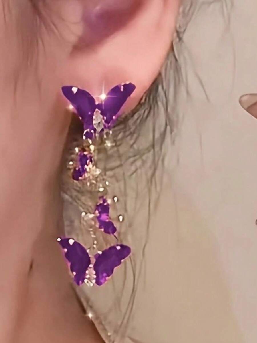 2 piezas Pendientes con Colgante de Mariposa Púrpura & Borla de Perla, Adecuados para Atuendos de Primavera y Verano - Mariposa púrpura - Ver 1