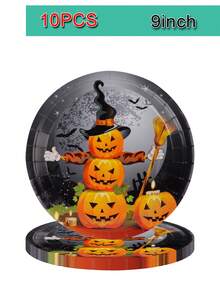 80/60/50/40pcs Halloween Paper Plates And Napkins Set, Disposable Dessert Plates And Napkins, Halloween Theme Birthday Party Decorations, Serves 10 People (Pumpkin Design) - Multicolor - View 7