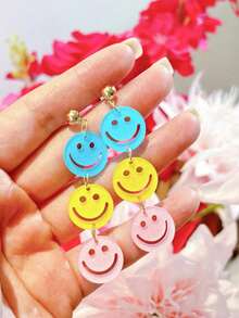 1 Pair Of Back-To-School Acrylic Smiling Face Stud Earrings, Bright And Contrasting Colored Party Earrings - Multicolor - View 1