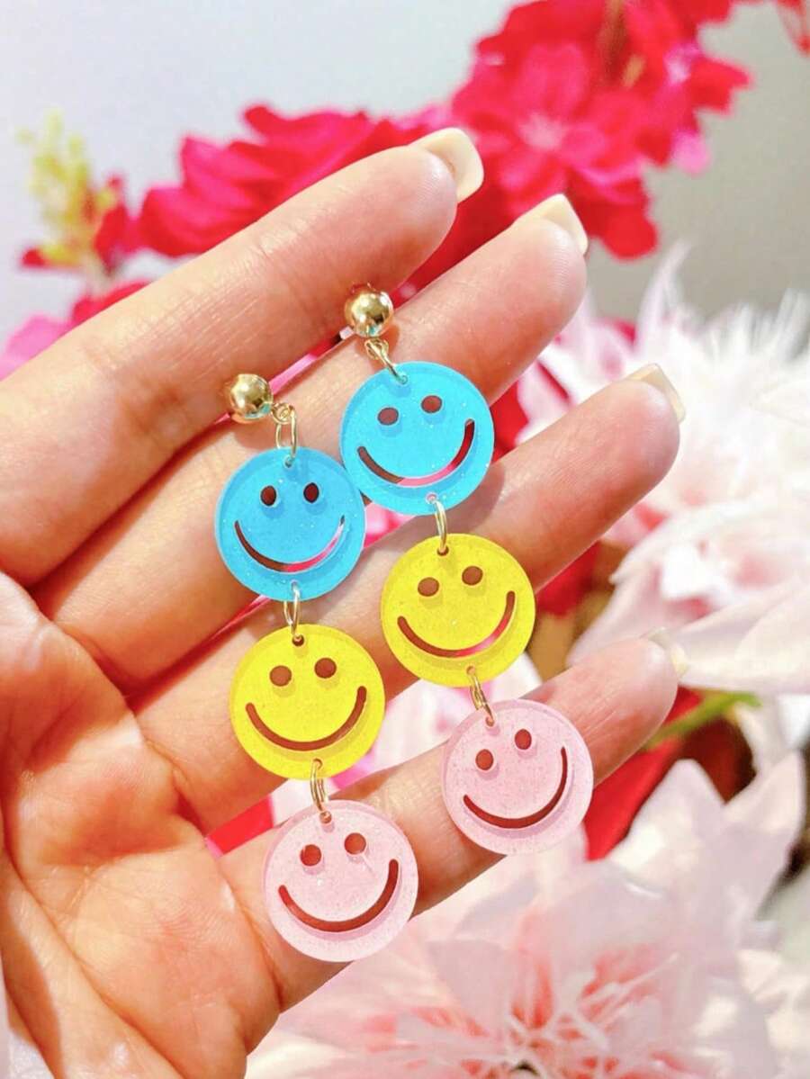 1 Pair Of Back-To-School Acrylic Smiling Face Stud Earrings, Bright And Contrasting Colored Party Earrings - Multicolor - View 1